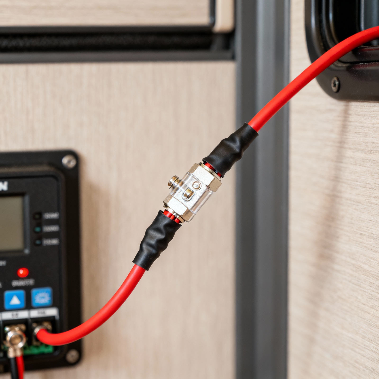 Inline fuse holder on solar charge controller cable for RV safety