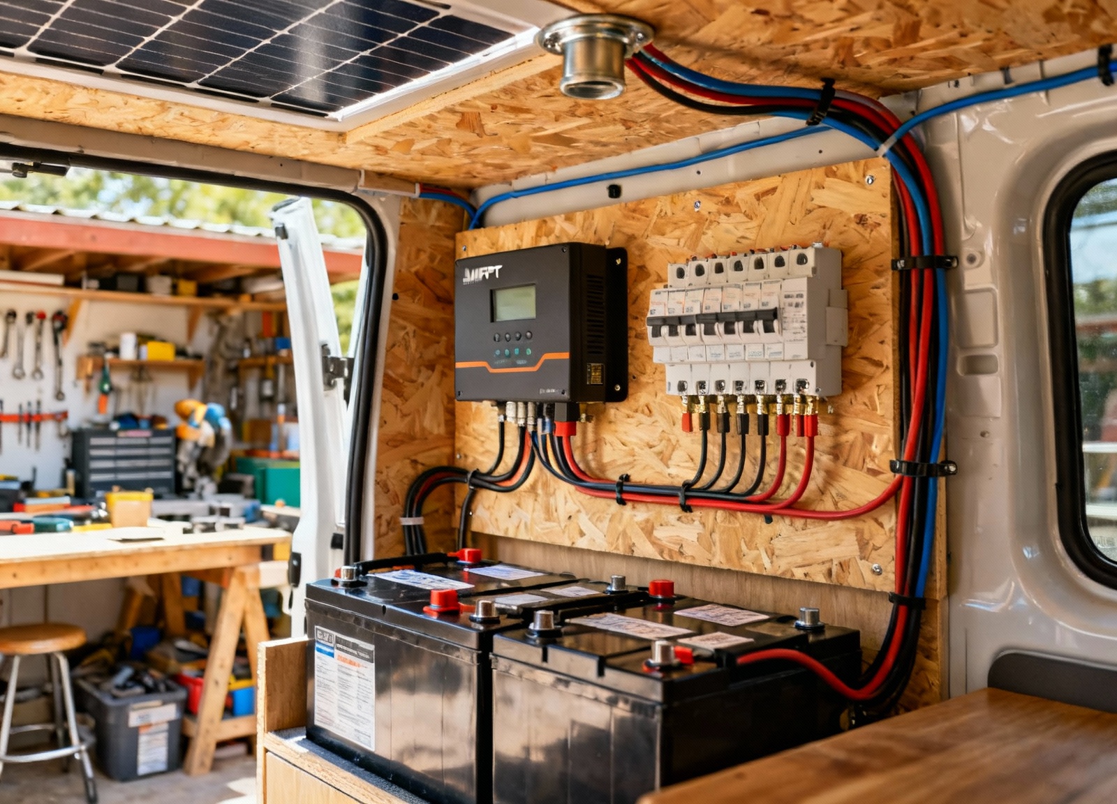 Complete RV solar system installation with MPPT controller and battery bank in van