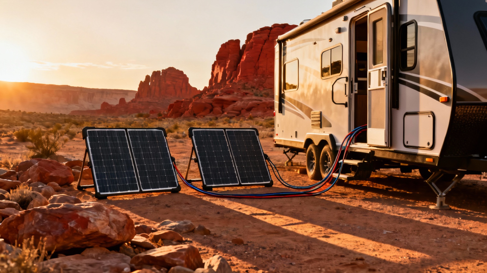 Portable RV solar panels deployed at desert campsite during golden hour