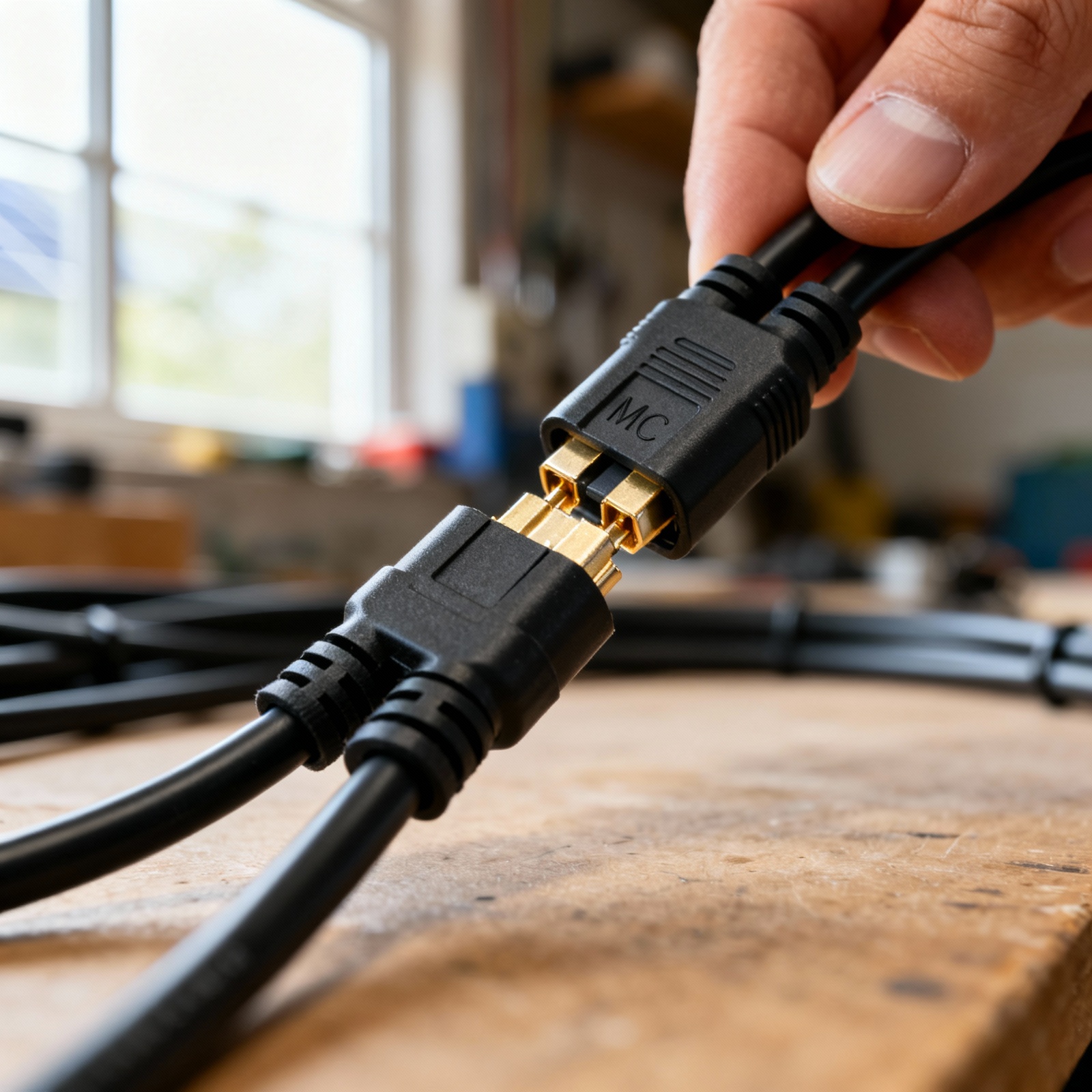 Close-up of MC4 connector being attached to portable solar panel cable