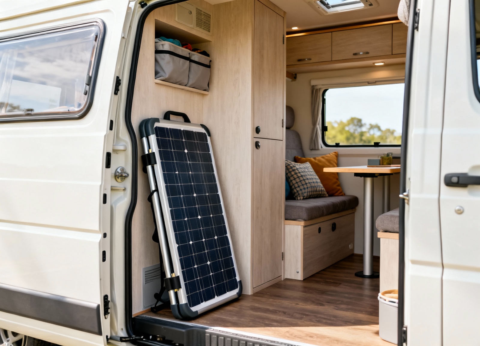 Folded portable solar panel stored compactly inside camper van