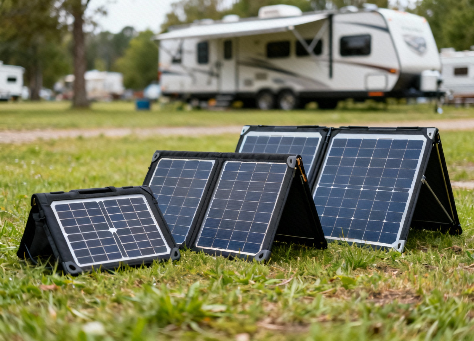 Three portable solar panels compared side by side on grass