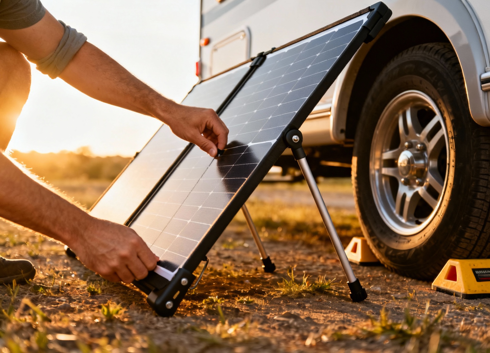 Hands adjusting kickstand on portable RV solar panel for optimal angle