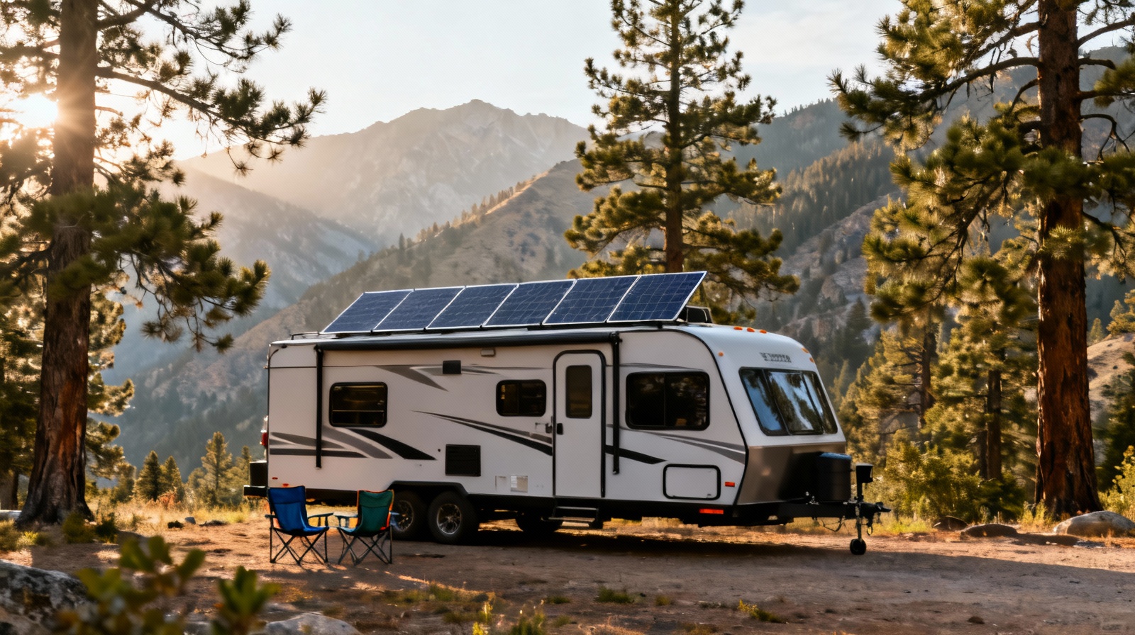 Travel trailer with rigid solar panels mounted on roof at mountain campsite