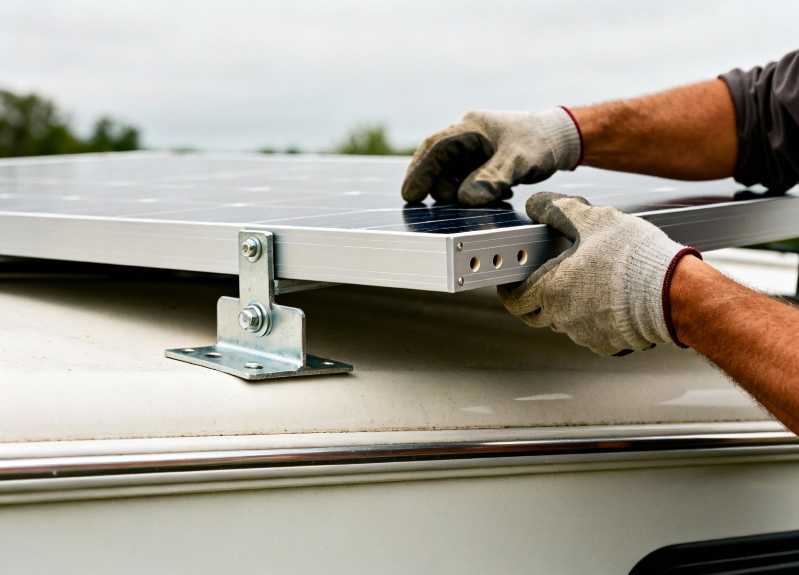 Hands installing rigid solar panel with mounting brackets on RV roof