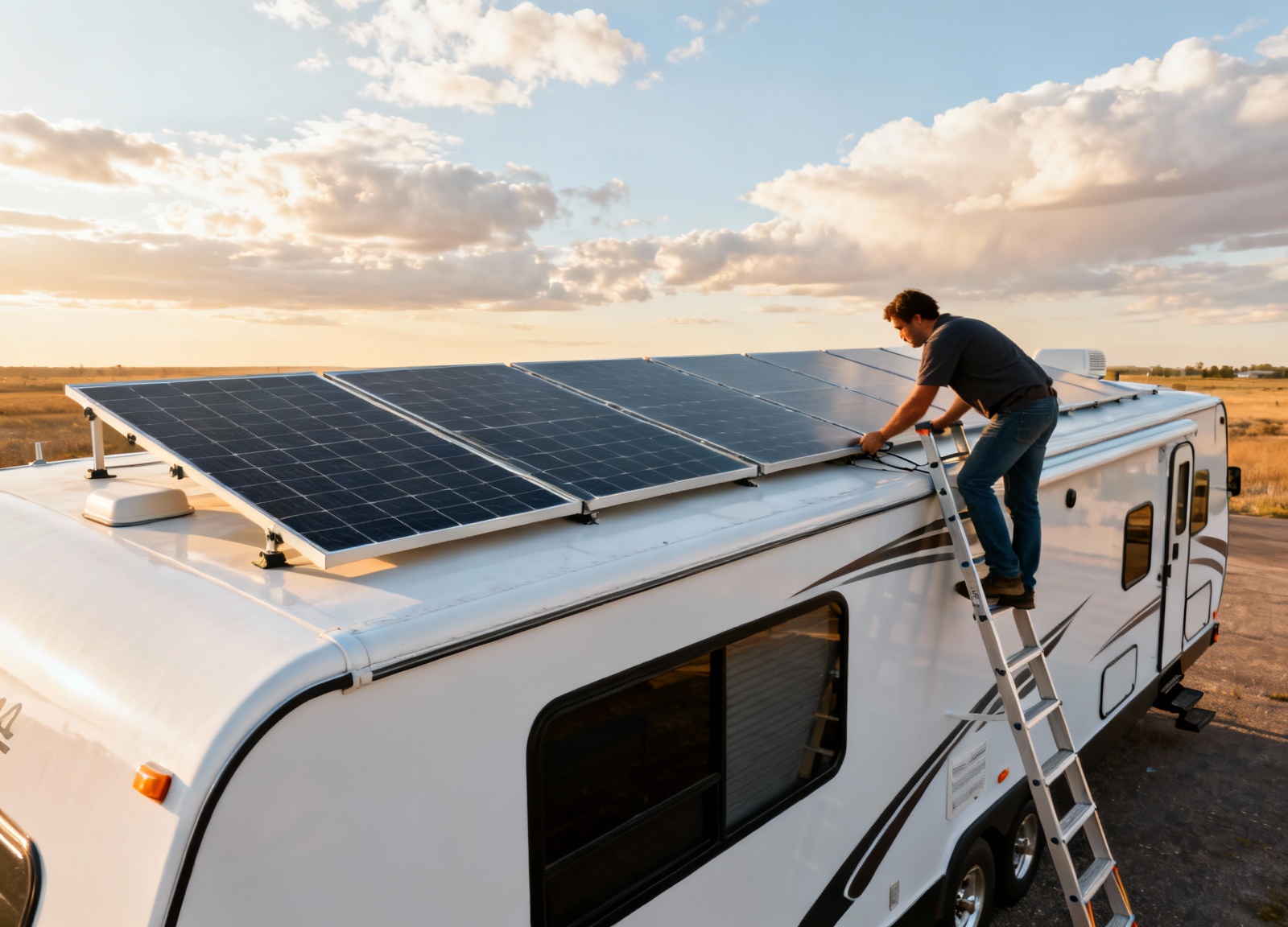 Person inspecting rigid solar panel array on fifth wheel RV roof