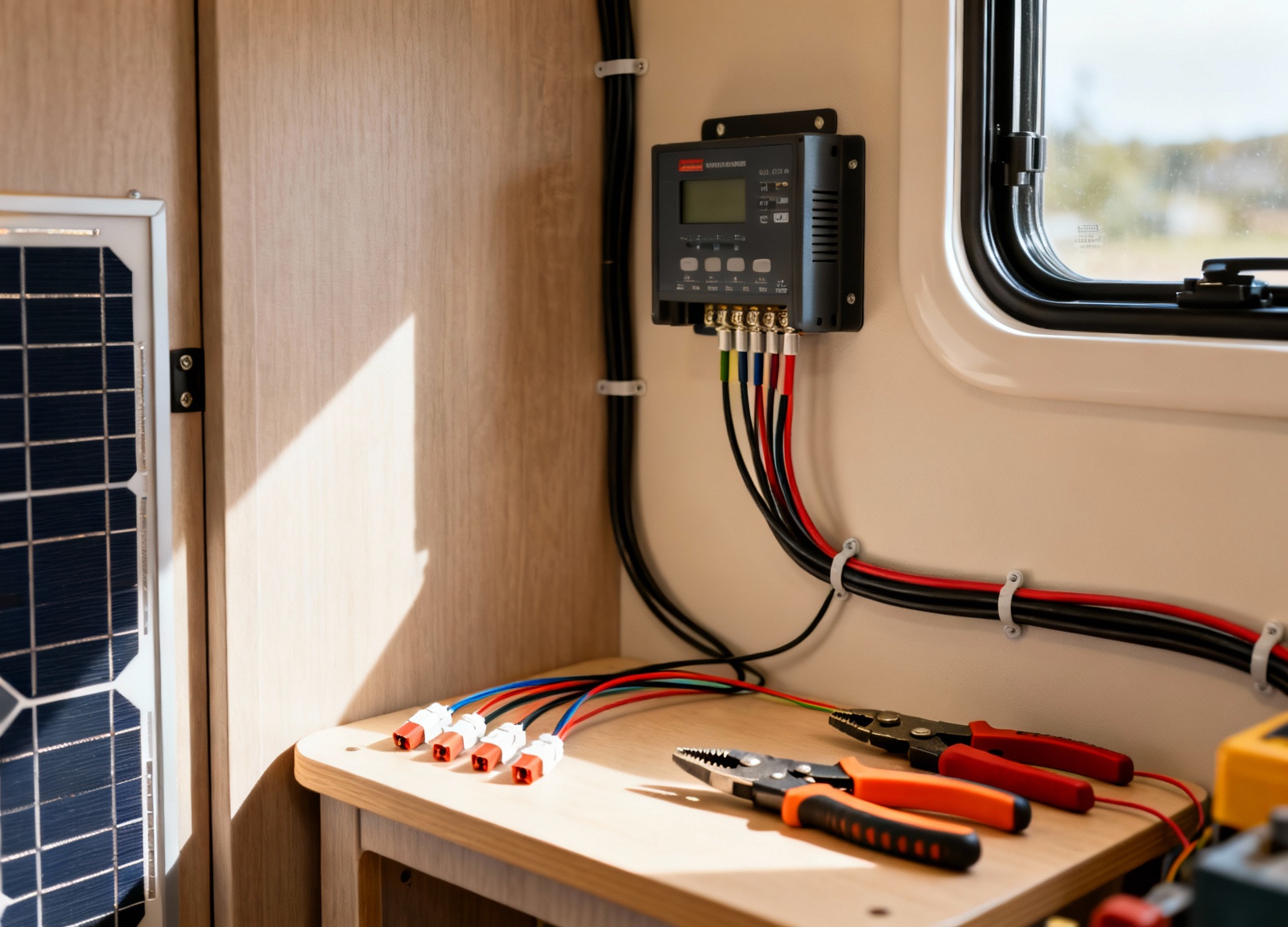 RV interior showing solar charge controller and installation tools for rigid panels