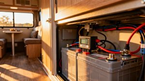 RV battery monitor shunt professionally installed in camper van electrical system
