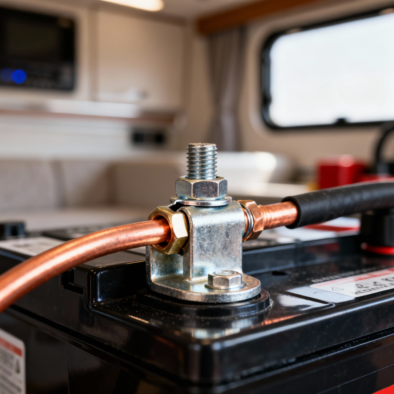 Close-up of battery shunt terminal with properly crimped copper cable connection
