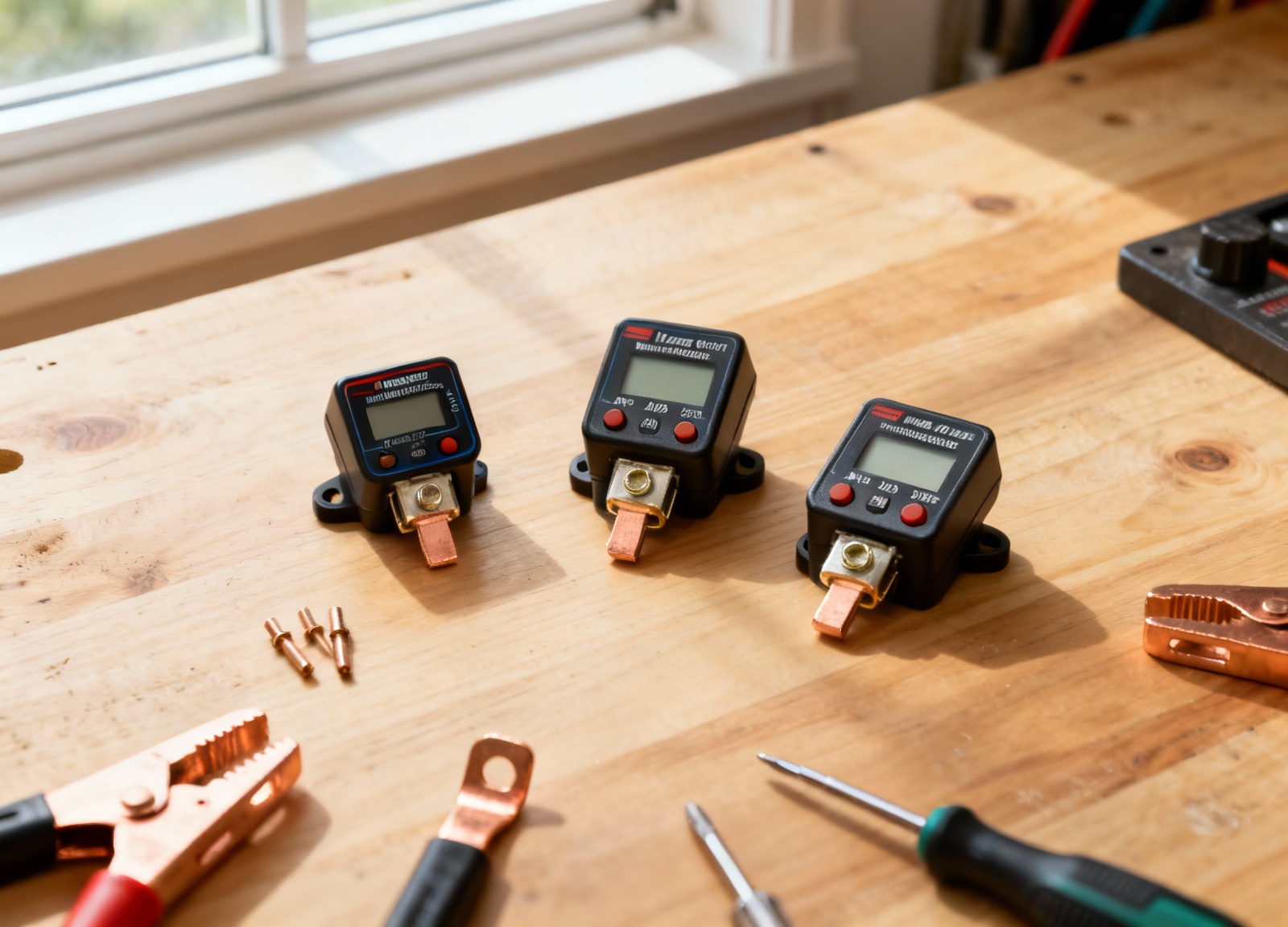 Multiple RV battery shunts displayed for size and feature comparison