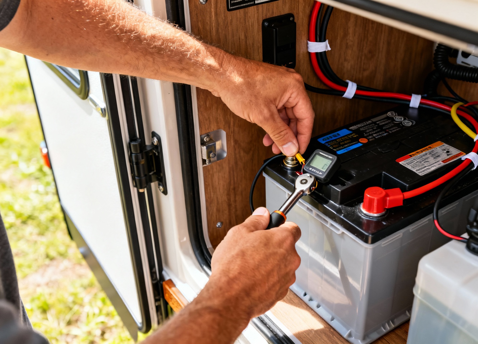 Hands installing RV battery monitor shunt with proper tools and technique