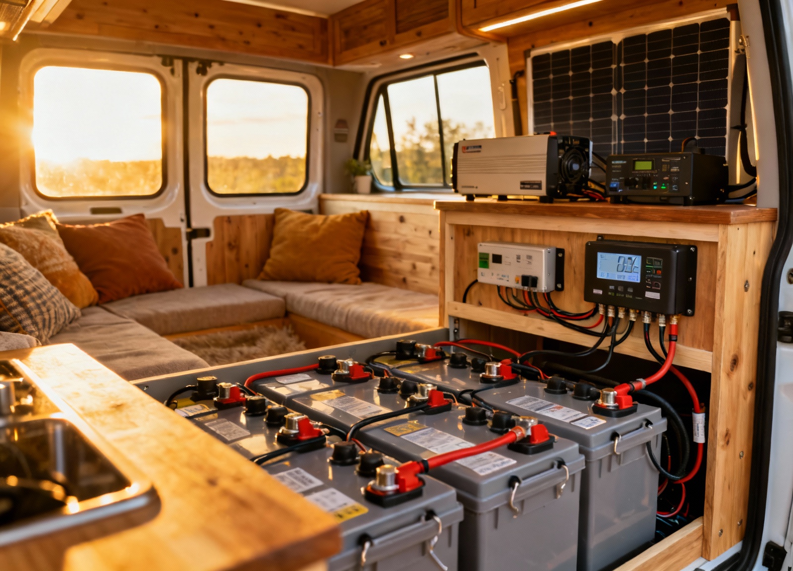 Complete RV electrical system with battery shunt in converted camper van interior