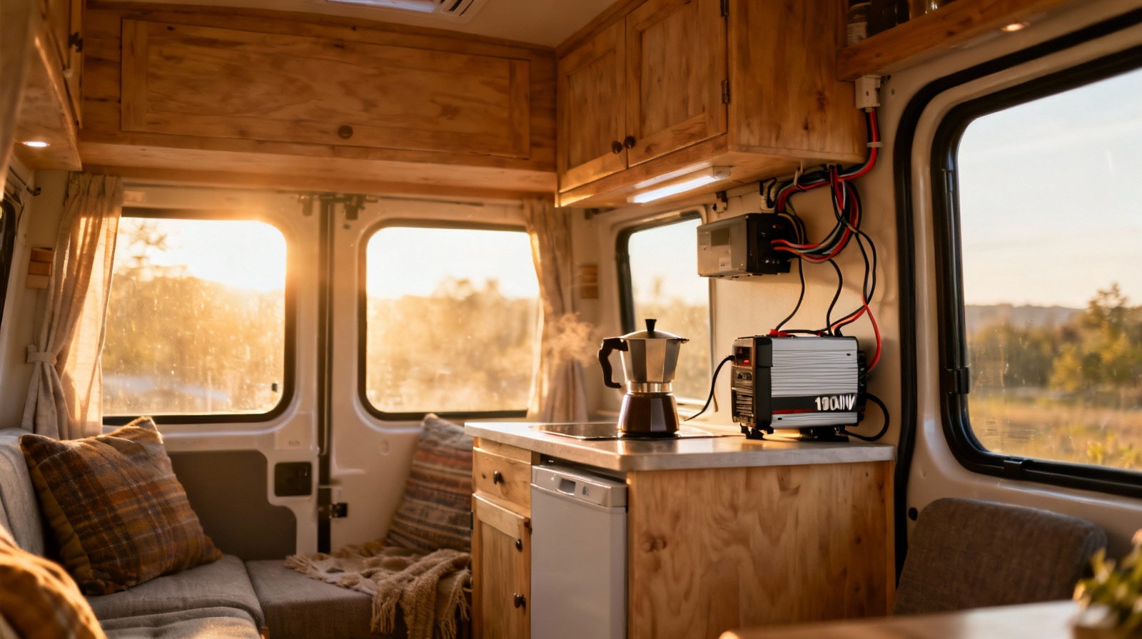 1000W RV inverter powering appliances in modern camper van interior