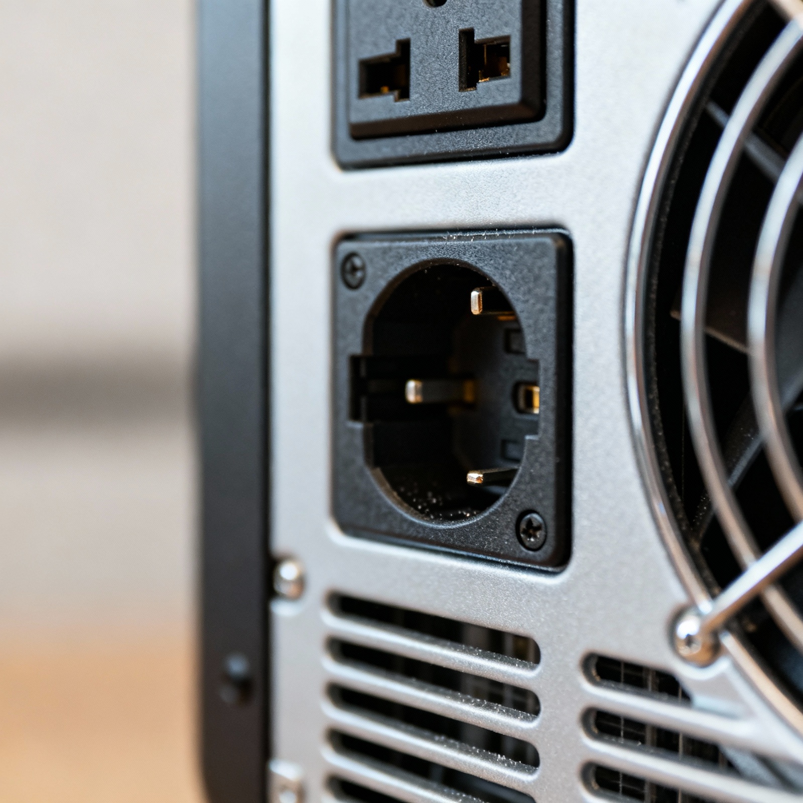 Close-up detail of RV inverter AC outlets and ventilation design