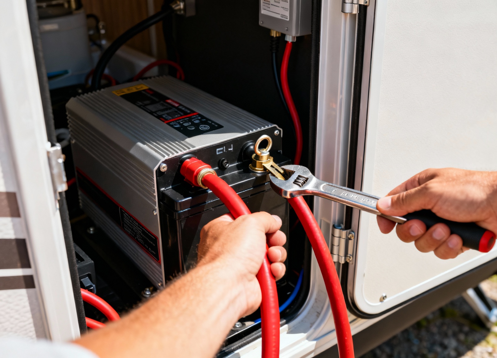 Hands installing battery cables on 1000W inverter terminal in RV