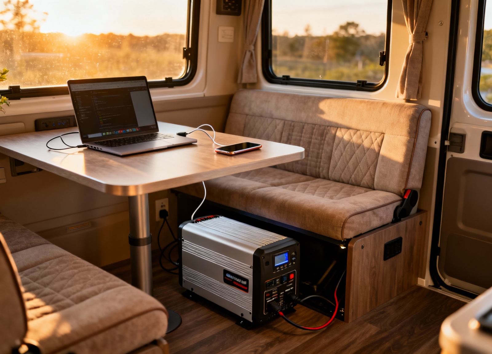 RV interior showing 1000W inverter setup powering electronics while camping