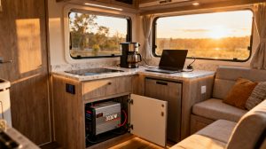 2000W RV inverter powering appliances in modern campervan interior at golden hour