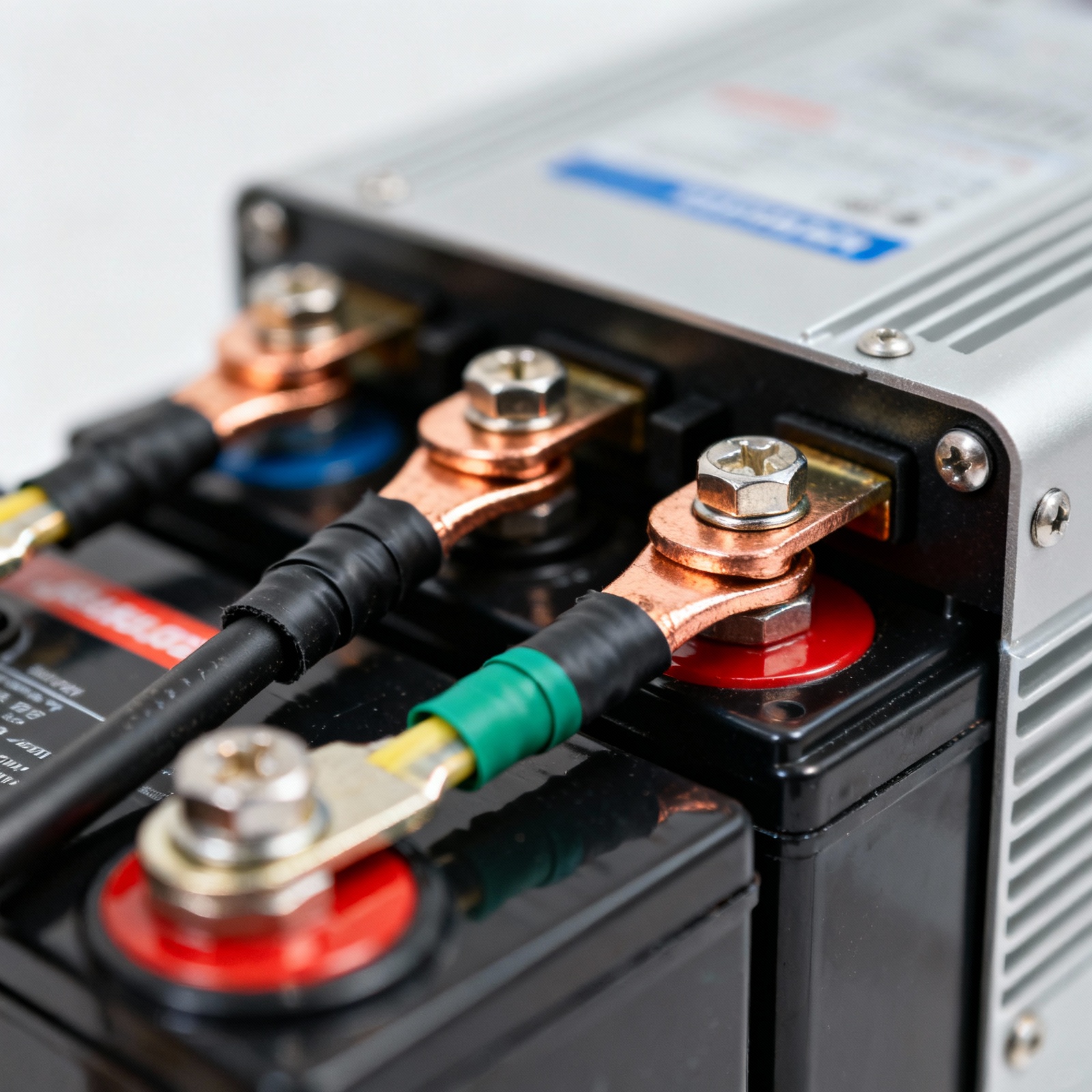 Close-up of properly crimped battery cable connections on RV inverter terminals