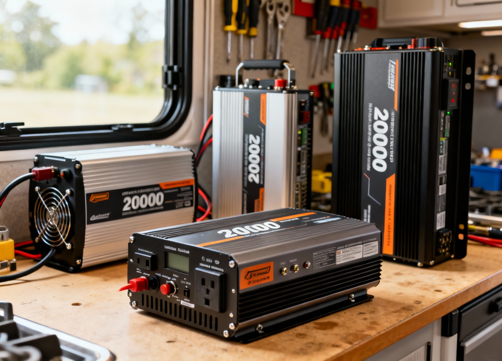 Multiple 2000W inverter models arranged for size and feature comparison