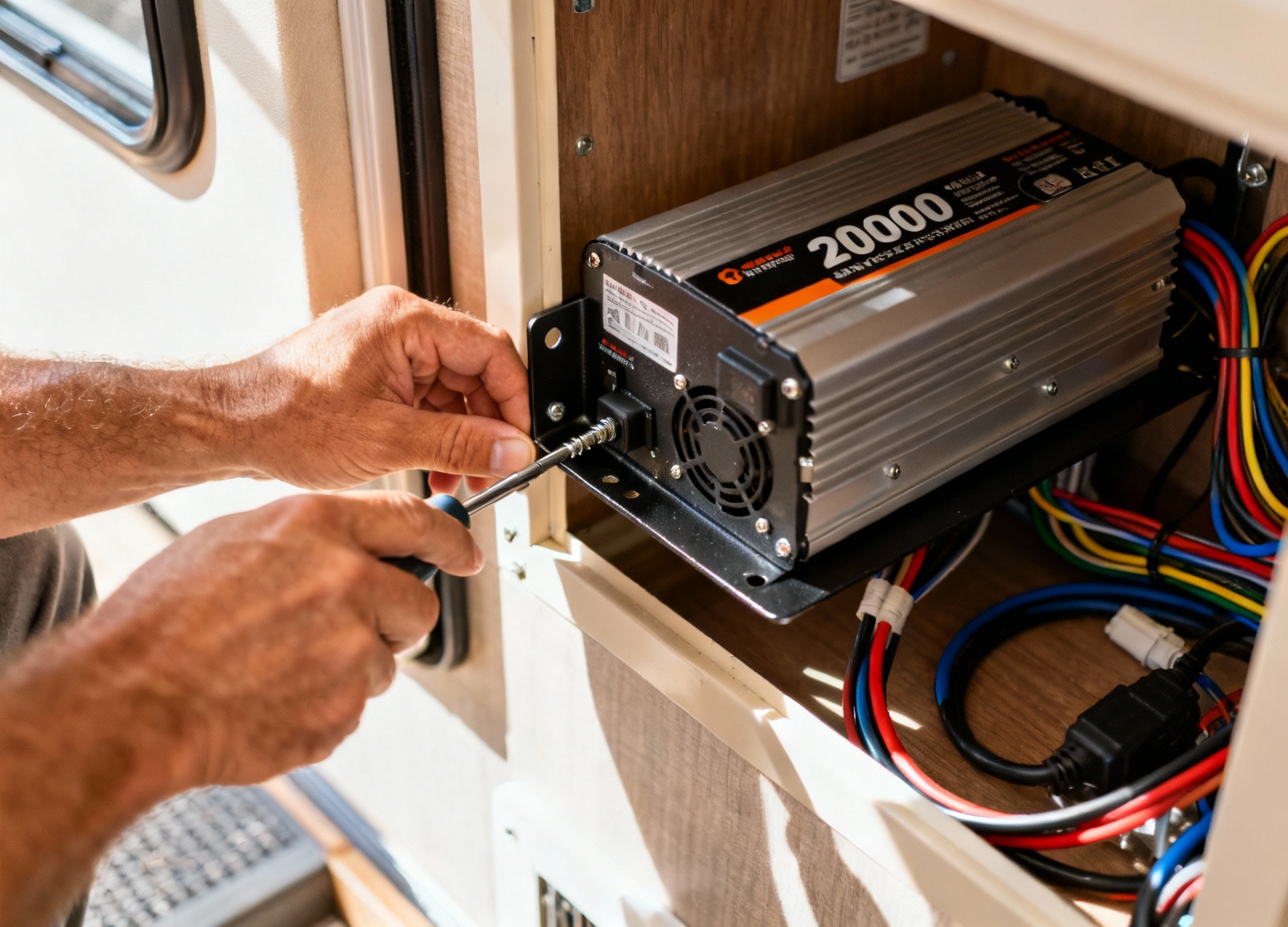 Hands mounting a 2000W inverter inside RV electrical cabinet during installation