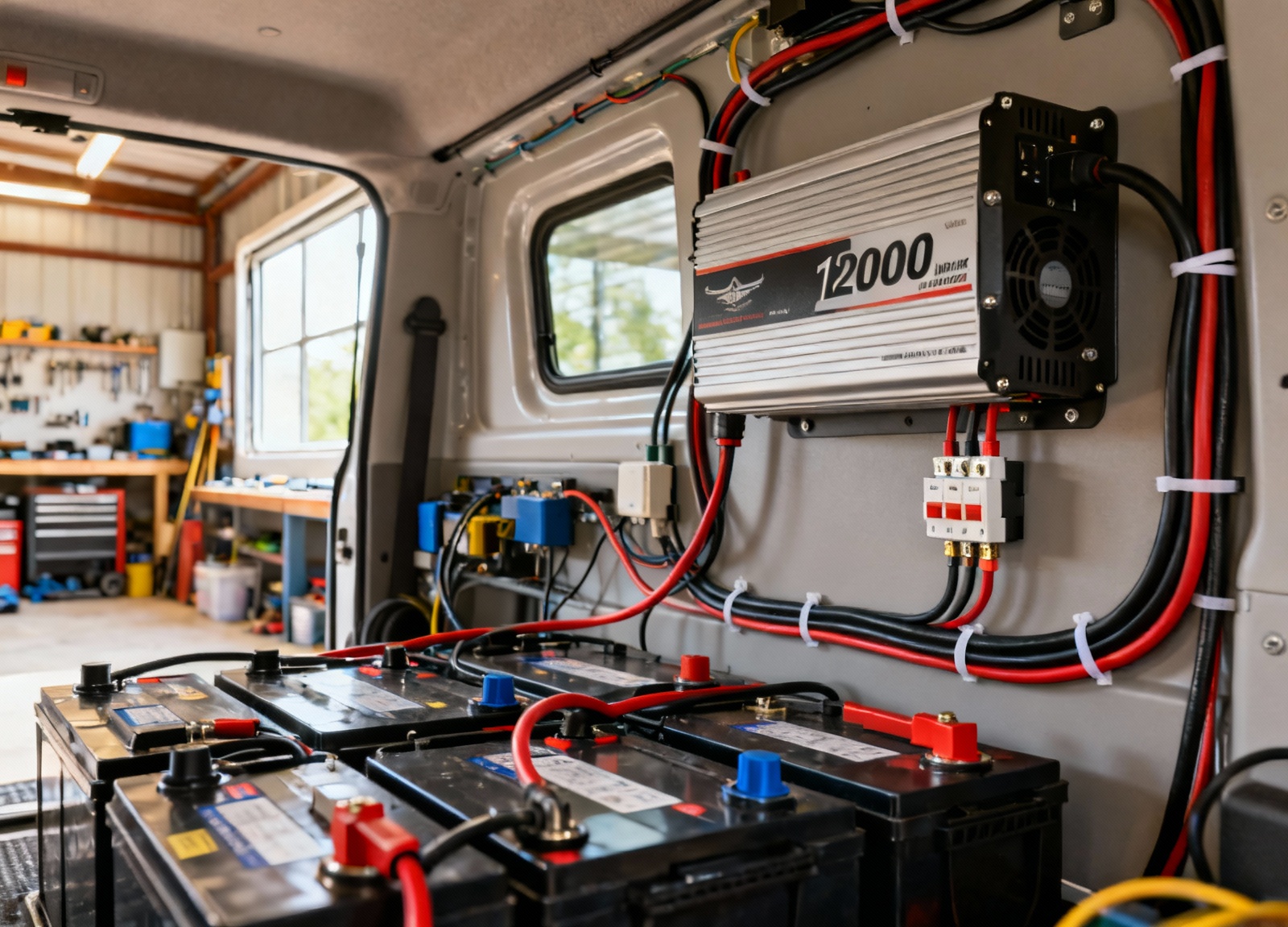 Complete RV electrical setup showing 2000W inverter connected to lithium battery bank
