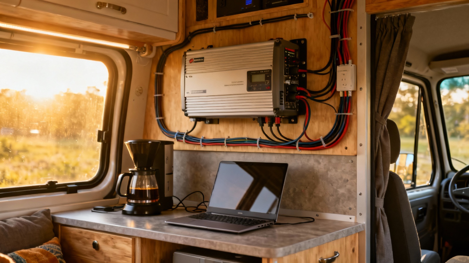 3000W RV inverter installed in camper van with organized cable routing