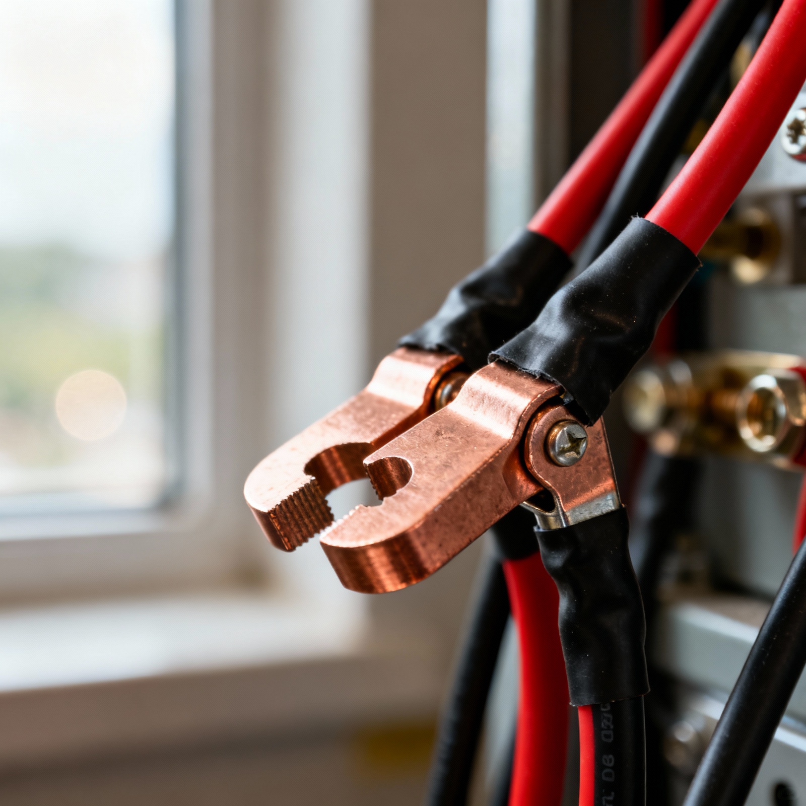 Close-up of RV inverter terminal connections with copper cable lugs