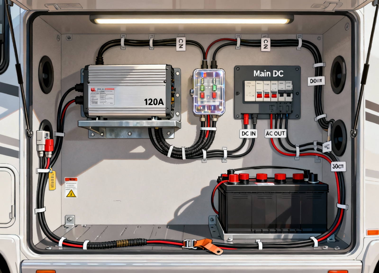 RV inverter installation with fuse holder and circuit breaker safety components