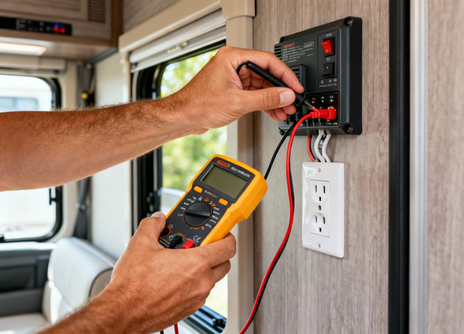 Hands testing RV inverter output voltage with multimeter in camper