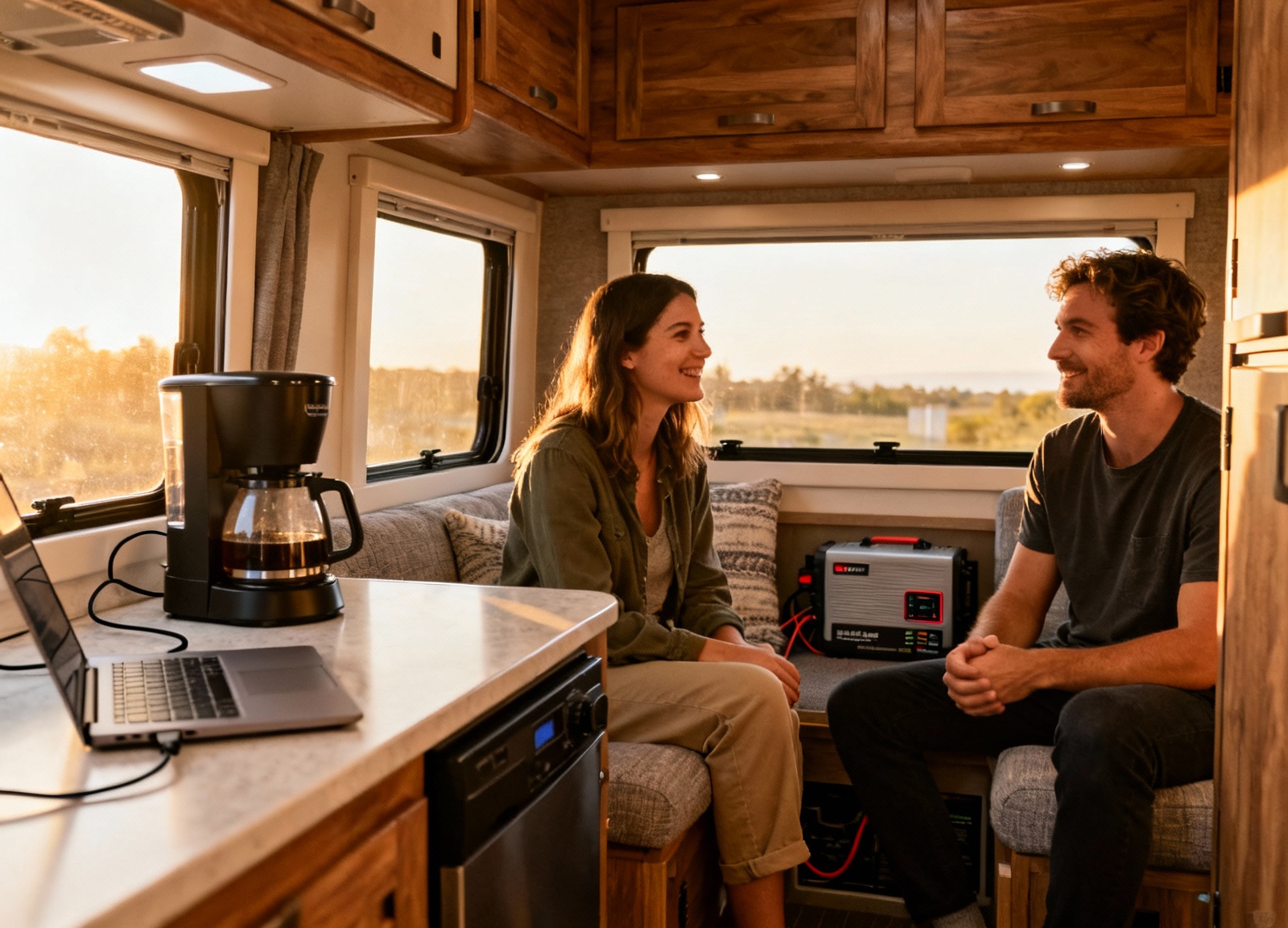 Camper van interior with inverter powering coffee maker and laptop charger