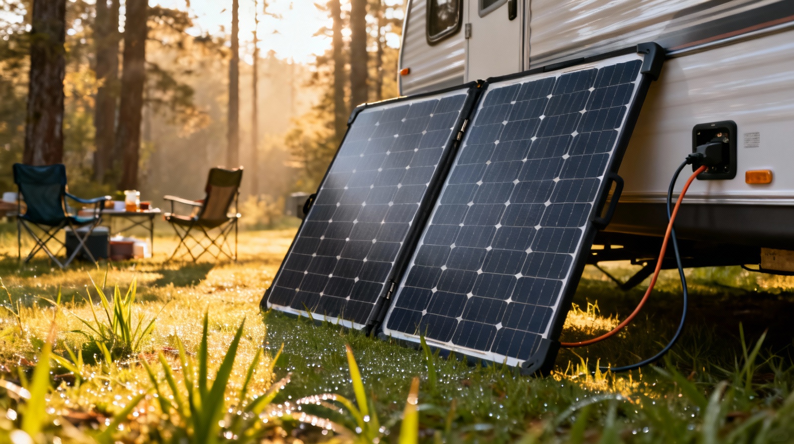 Portable 100W RV solar panel kit set up at forest campground