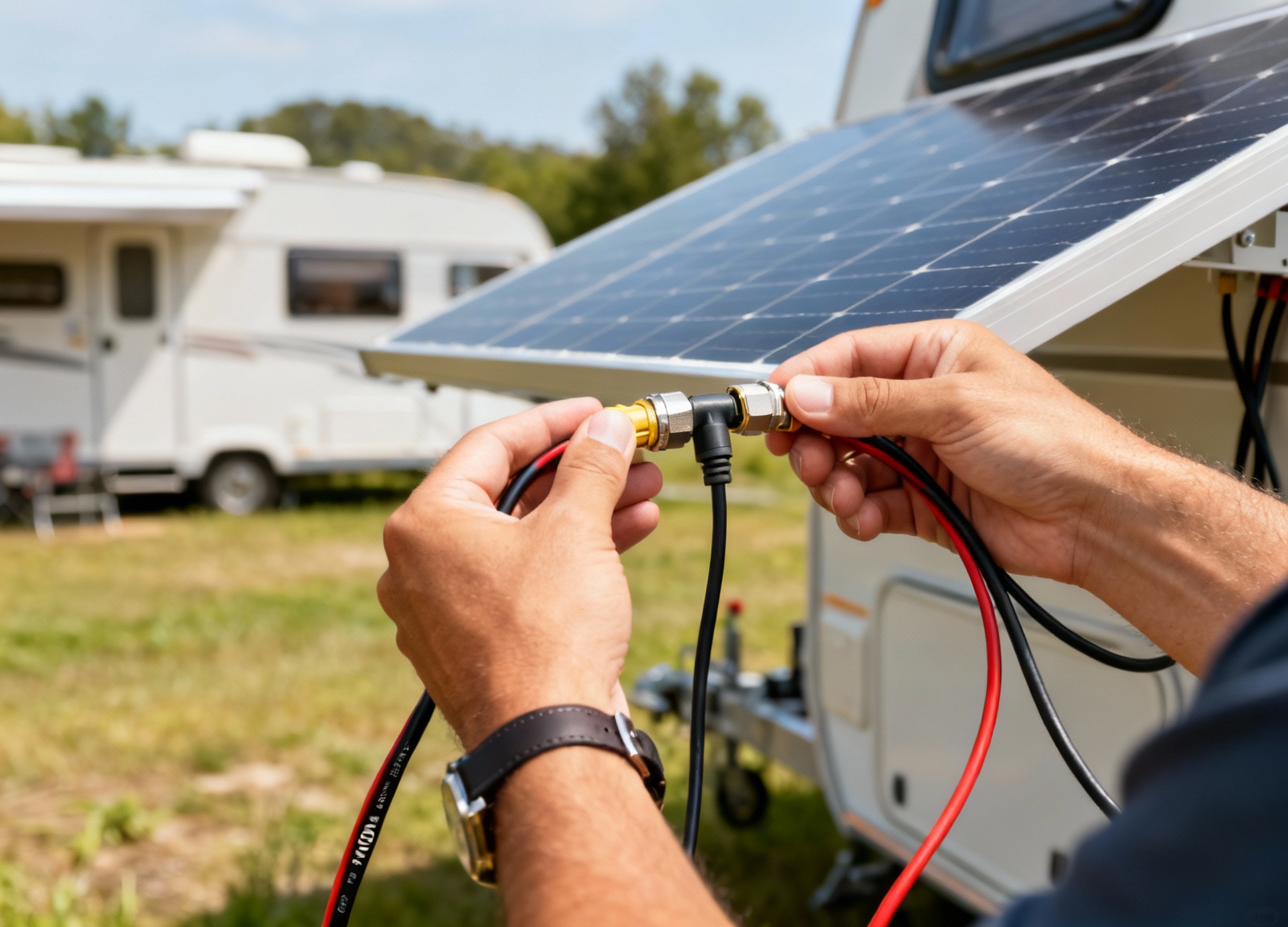Hands connecting MC4 solar connectors for RV solar kit installation