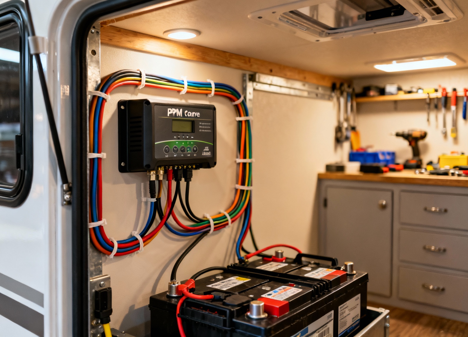 PWM charge controller installed in RV electrical compartment with neat wiring