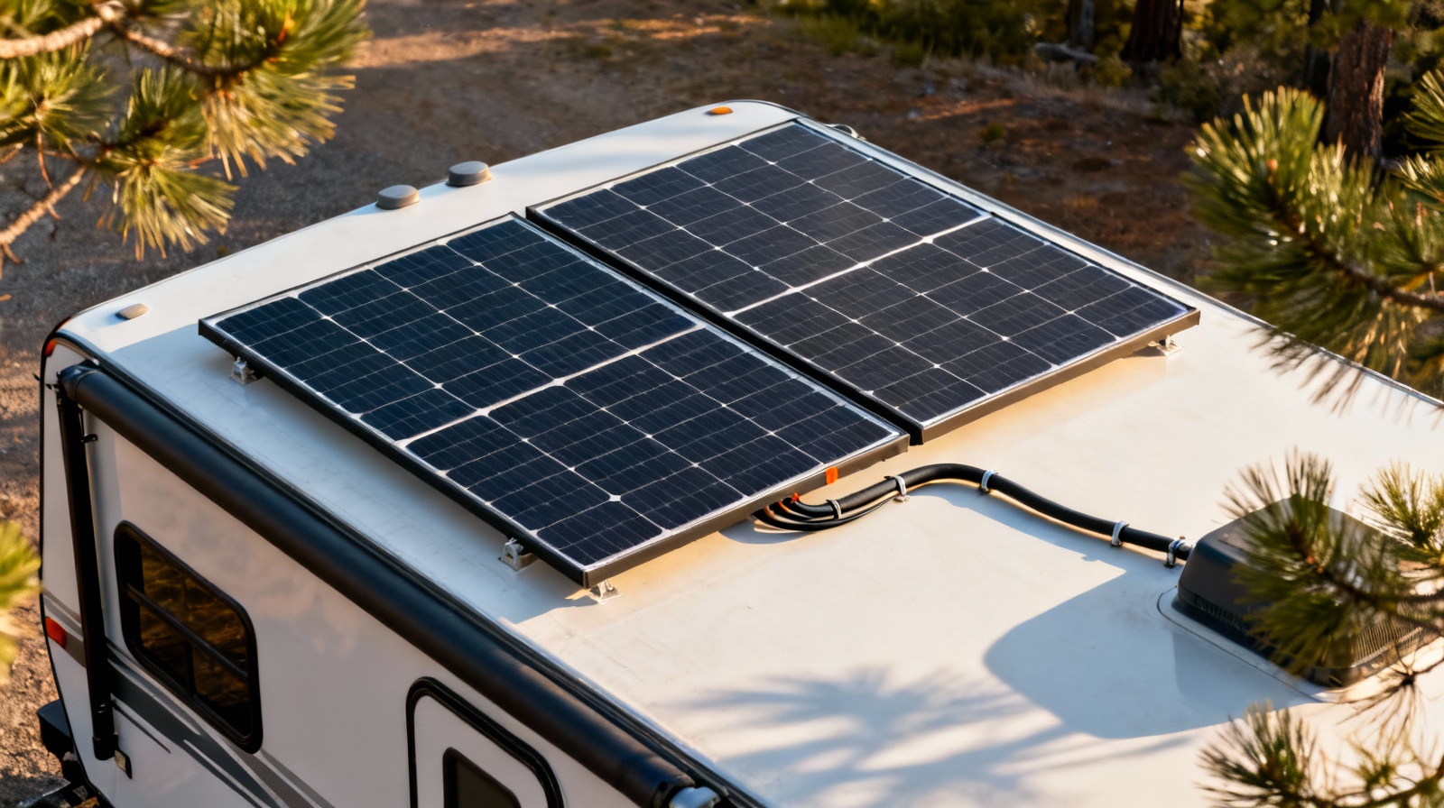 Complete 200W RV solar kit installed on camper van roof at scenic campsite
