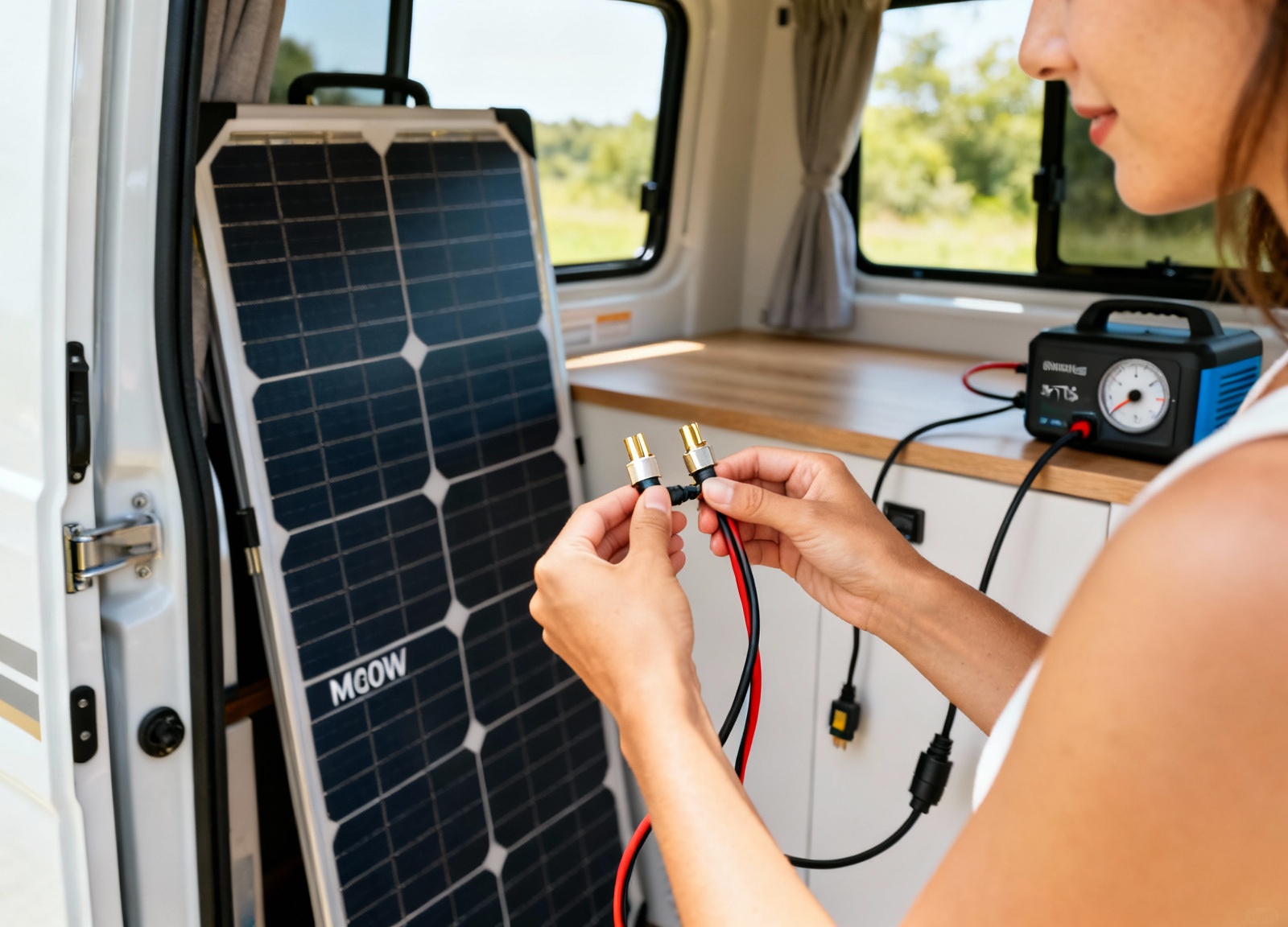Hands connecting MC4 connectors on portable 200W solar panel for RV use