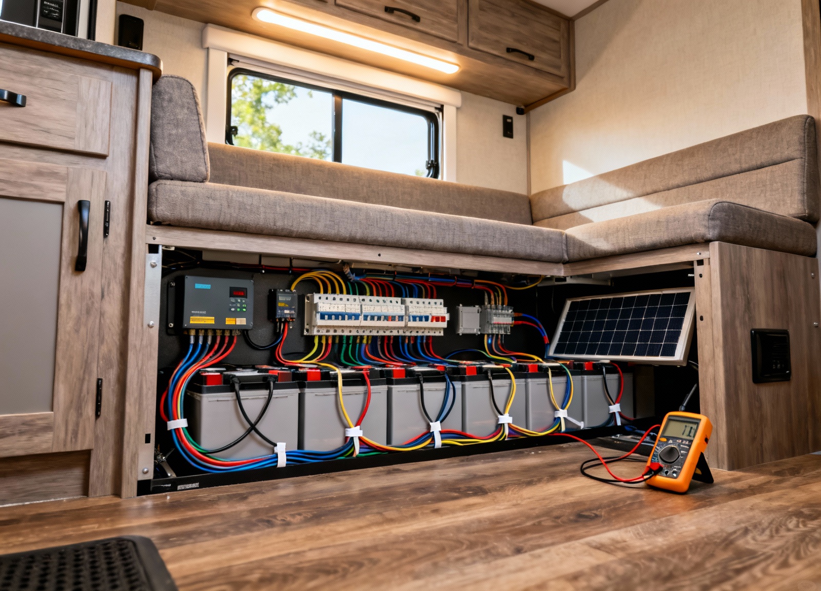 Organized RV electrical compartment with solar charge controller and battery connections