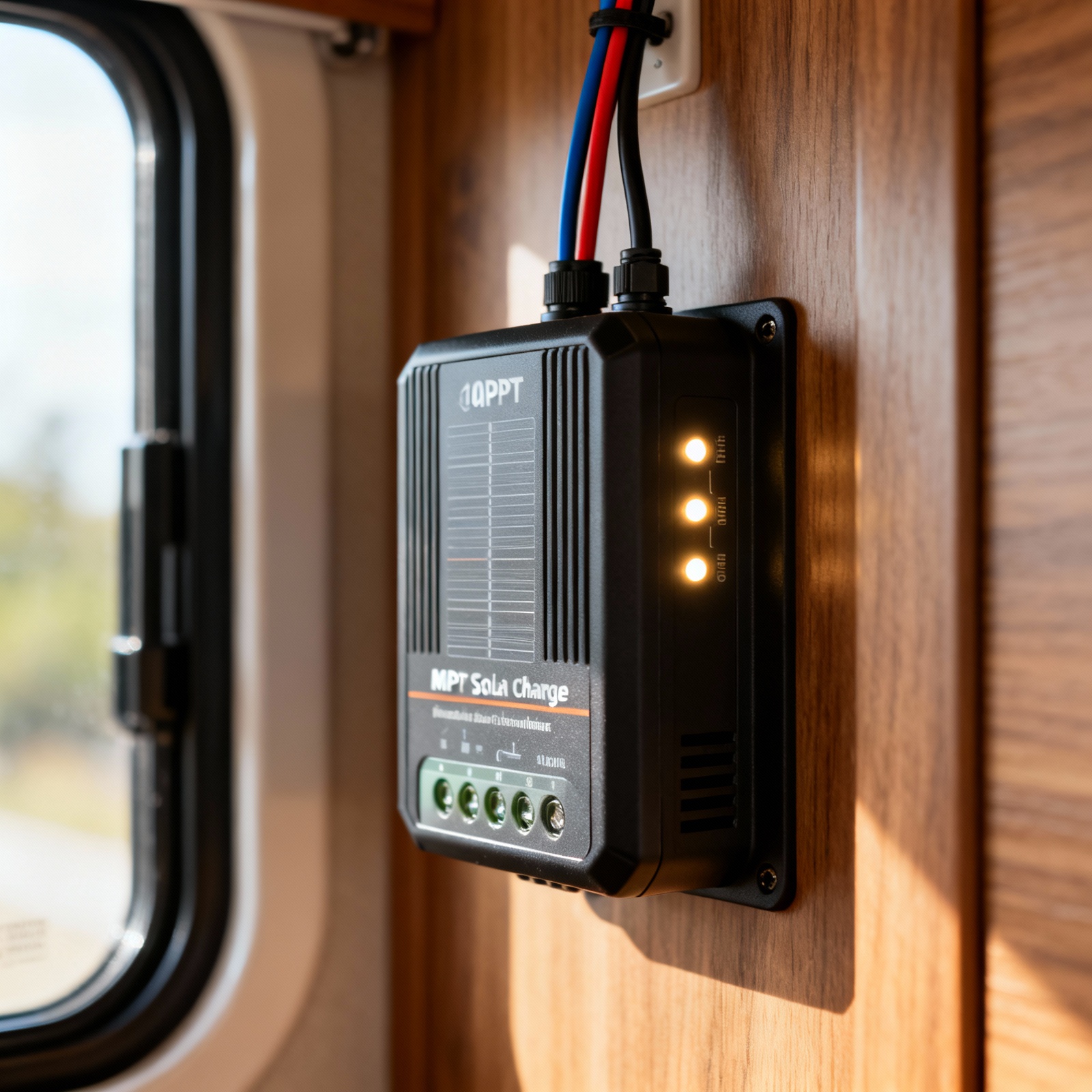 MPPT charge controller close-up showing clean wire connections in RV installation