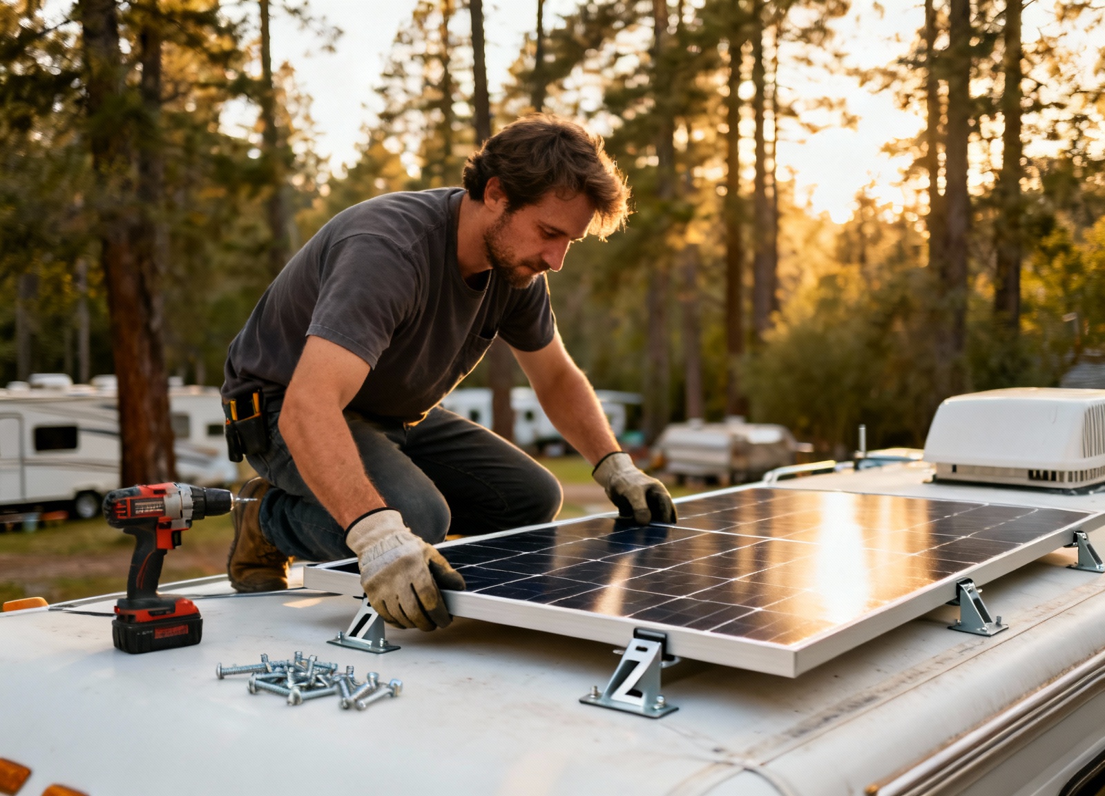 RV owner installing rigid 200W solar panel on roof with mounting brackets