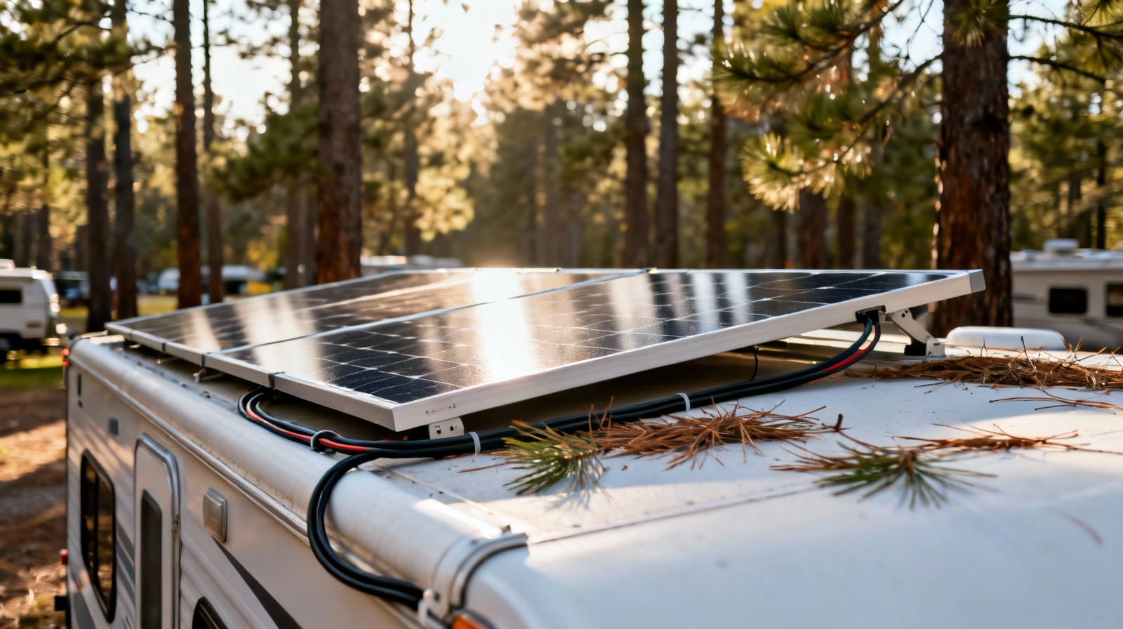 400W solar panel kit installed on camper van roof at scenic campsite