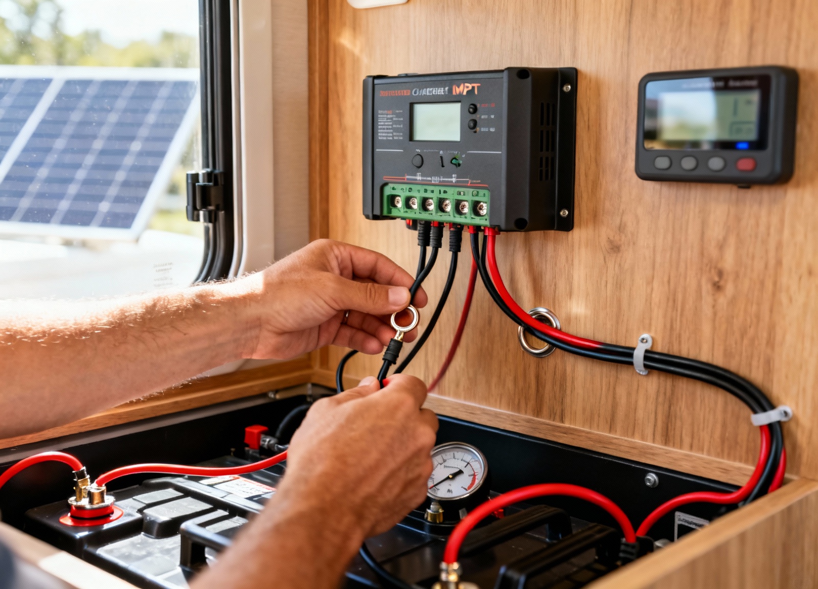Hands connecting MPPT charge controller in RV solar kit installation