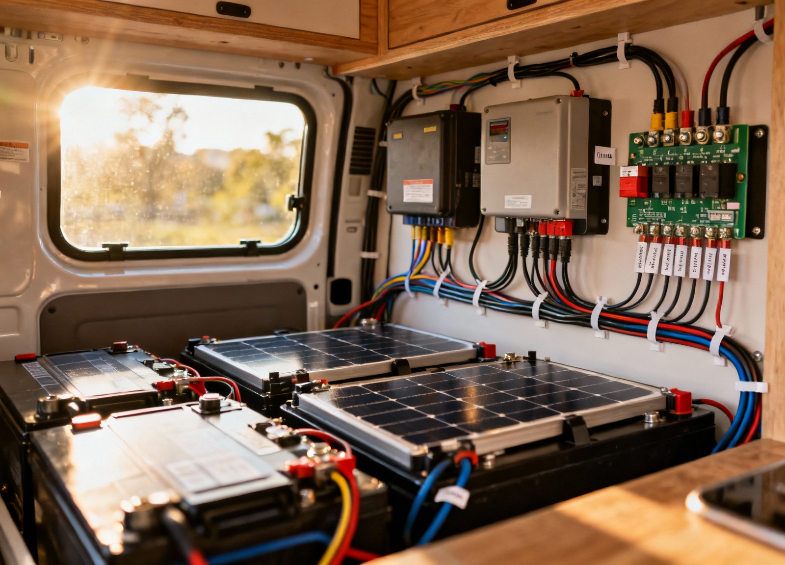 Complete RV solar system installation with battery bank and fuse protection