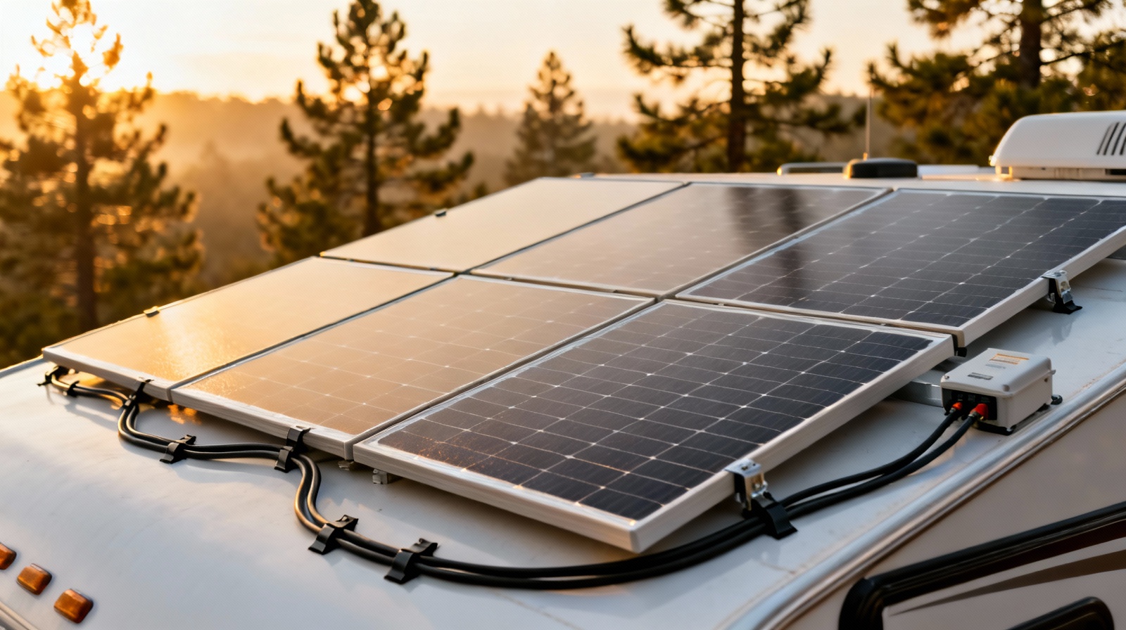 Complete 800W RV solar kit installed on travel trailer roof at sunrise