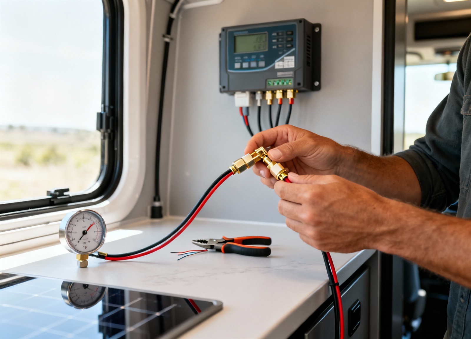 Hands connecting MC4 connectors for RV solar kit installation inside camper
