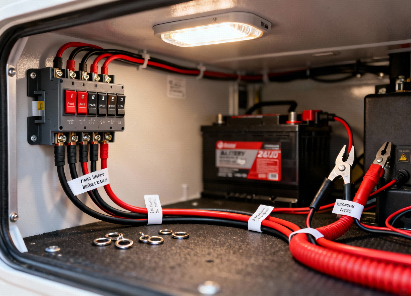 Organized RV solar wiring with proper fusing near lithium battery bank