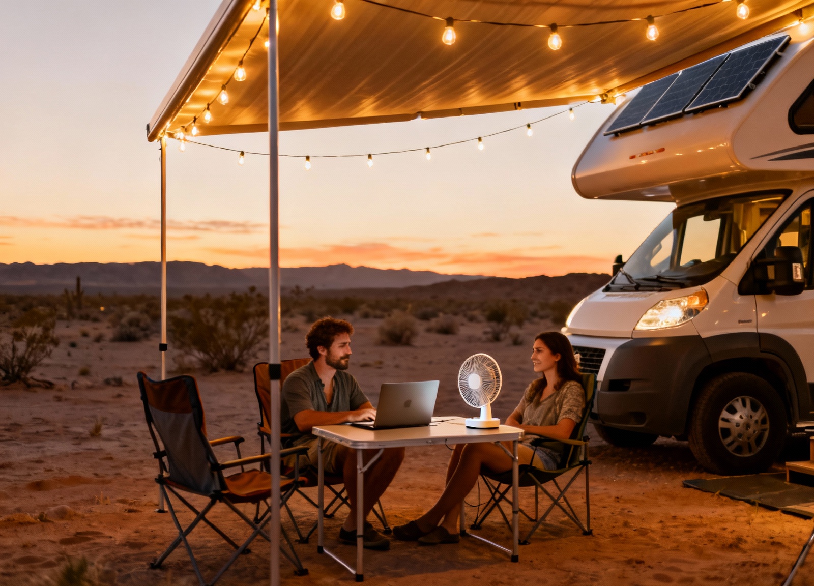Couple enjoying off-grid RV camping powered by rooftop solar kit