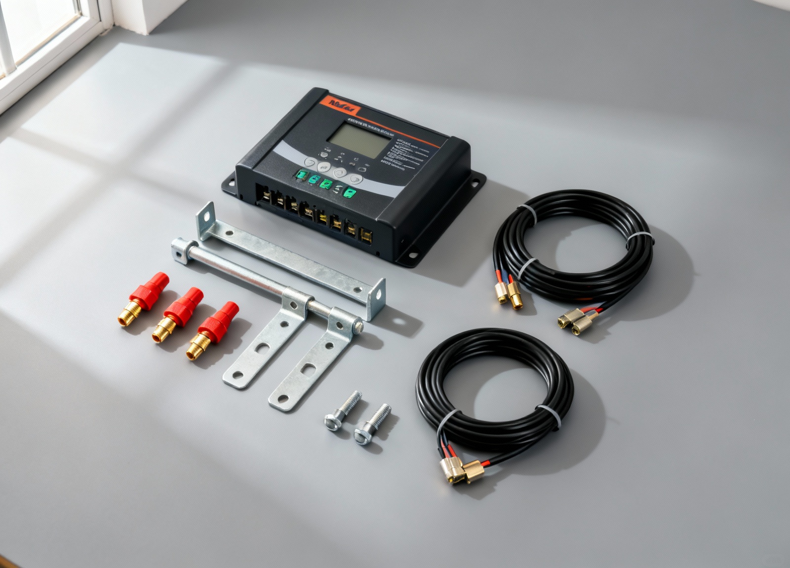 Solar panel kit components including charge controller and mounting hardware laid out