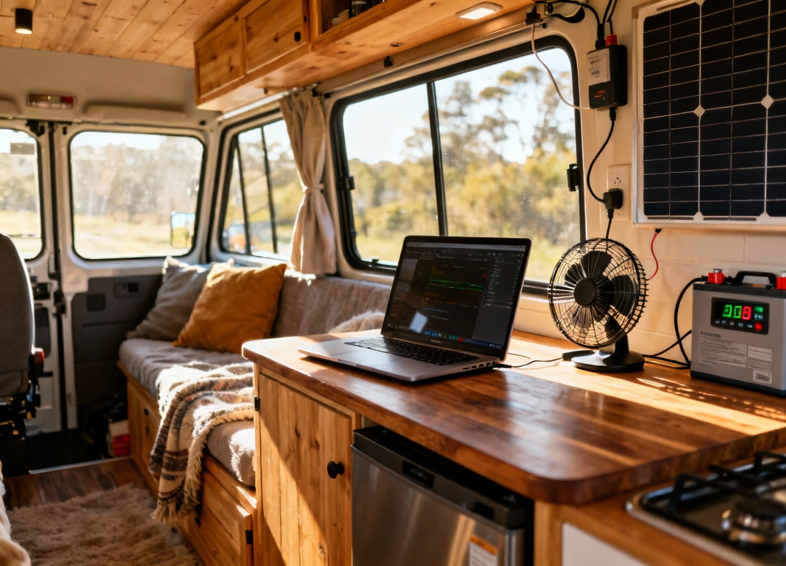 Cozy RV interior powered by beginner solar panel kit running laptop and fan
