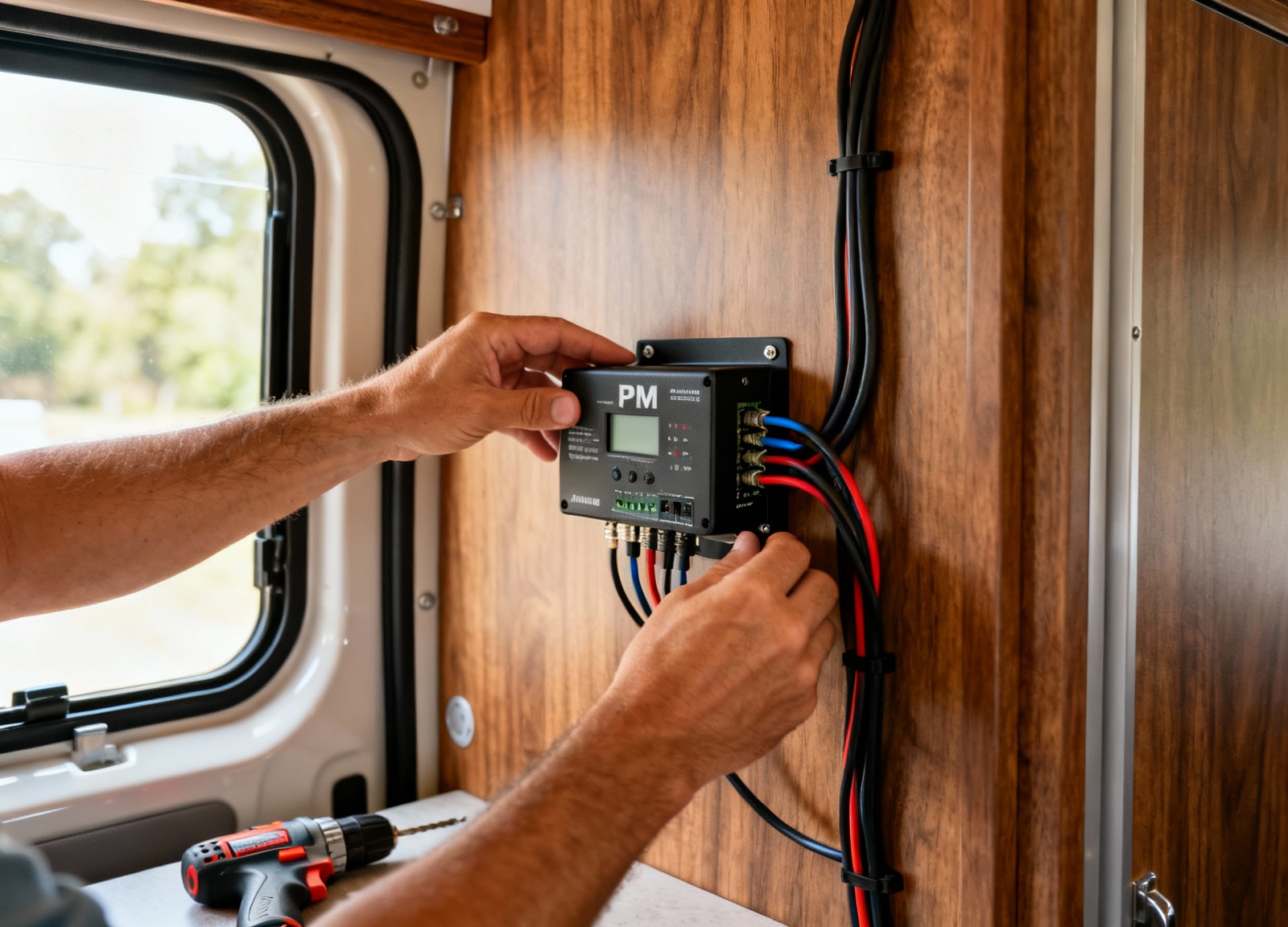 Installing charge controller inside RV with proper cable management for beginner solar setup
