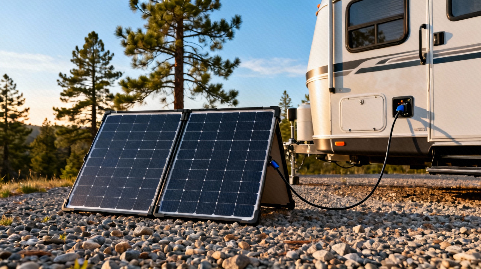 Portable suitcase solar panel deployed beside RV at scenic campsite