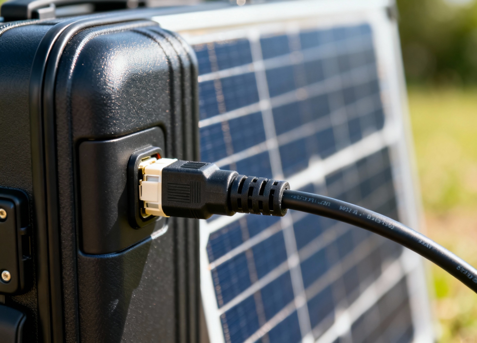Close-up of suitcase solar panel MC4 connector and cable detail